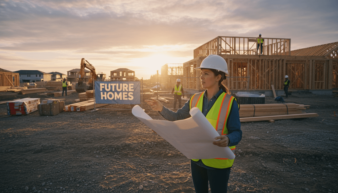 Construction contractor reviewing plans on a home building site