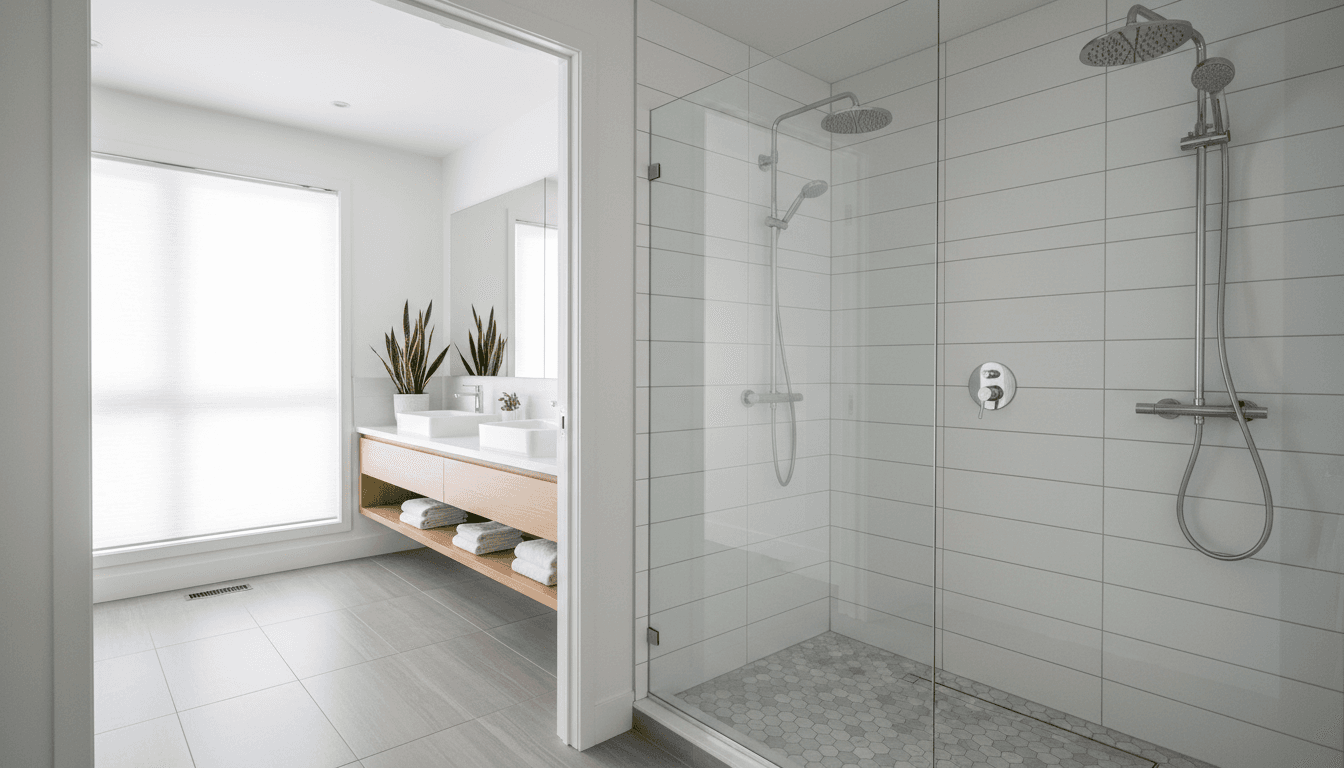 Bathroom renovation with new tiled shower and modern vanity