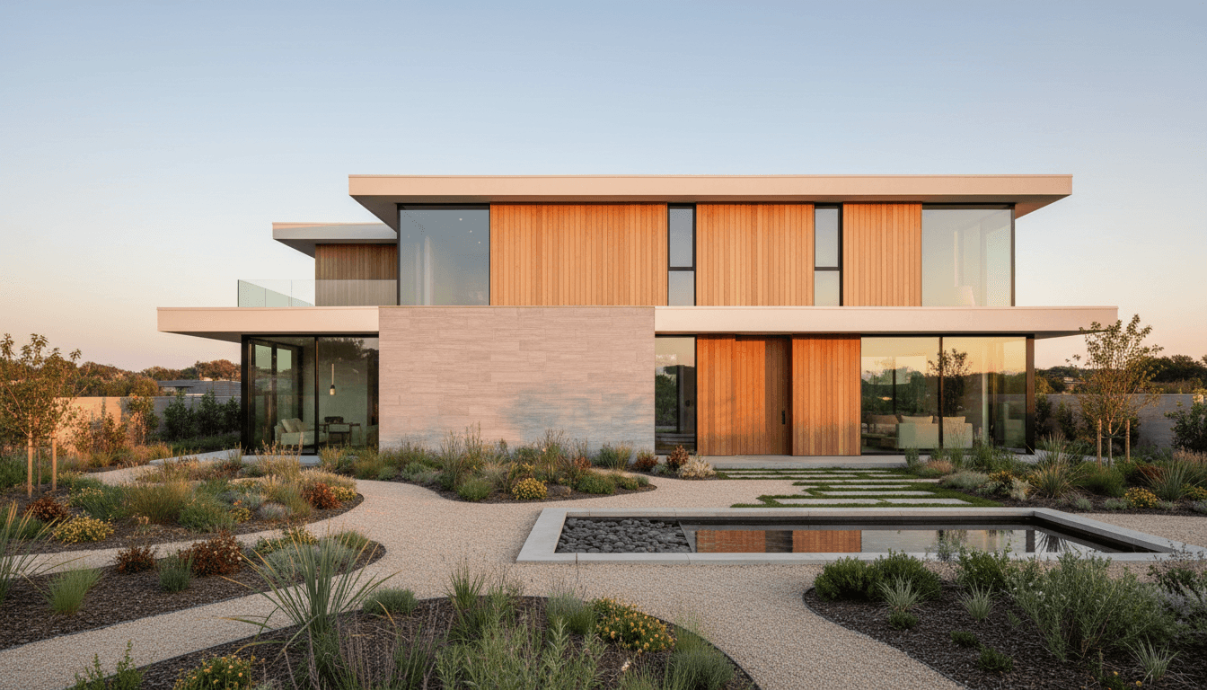 New build home exterior with clean lines and finished landscaping