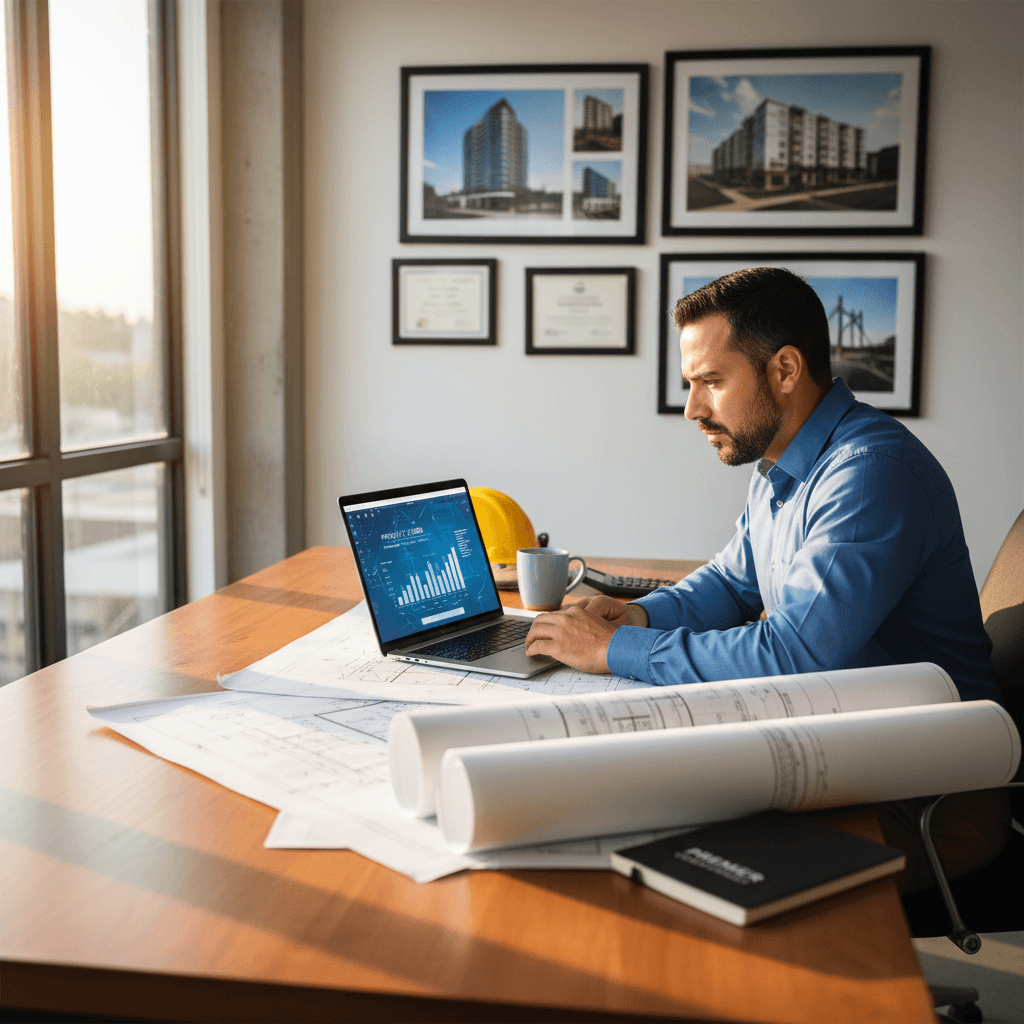 Blueprint and hard hat on a table in a construction office