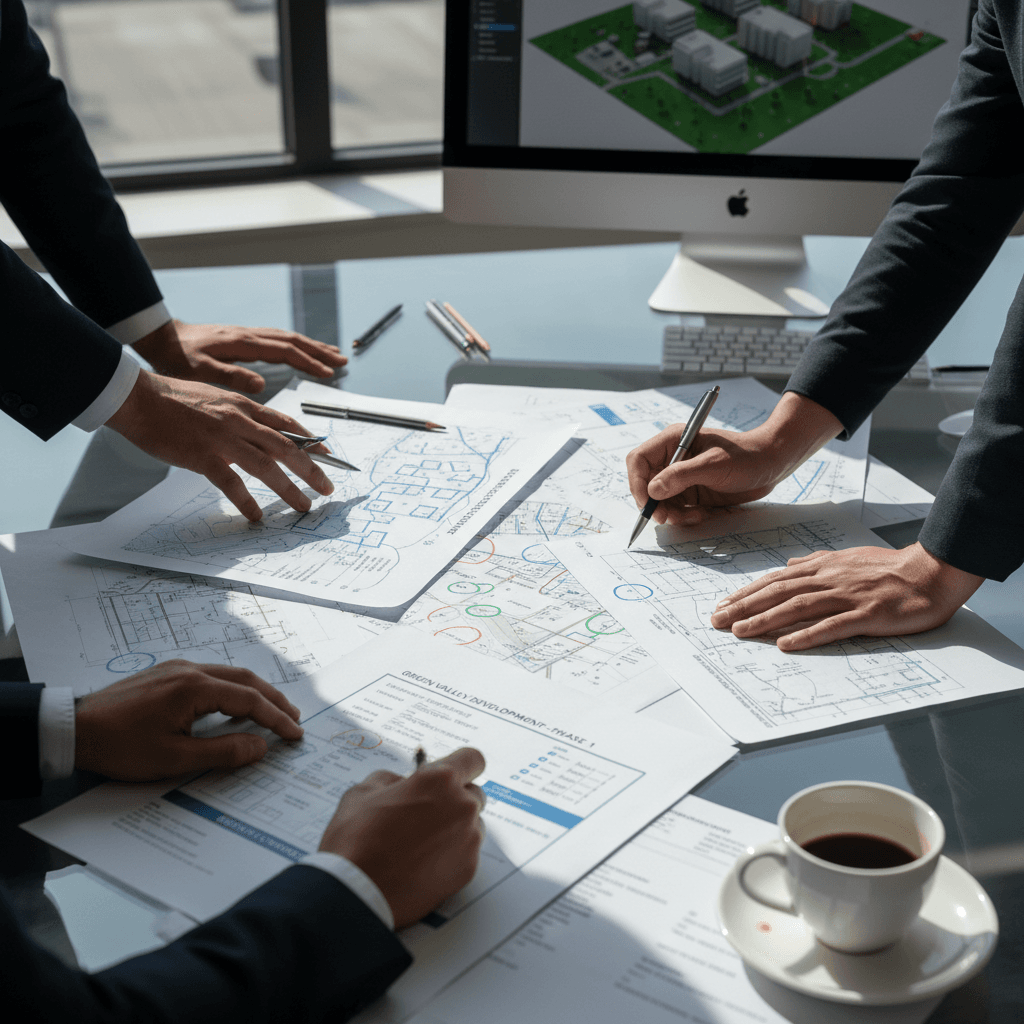Project manager's hands reviewing detailed masterplans, zoning maps, and site analysis documents on illuminated workspace