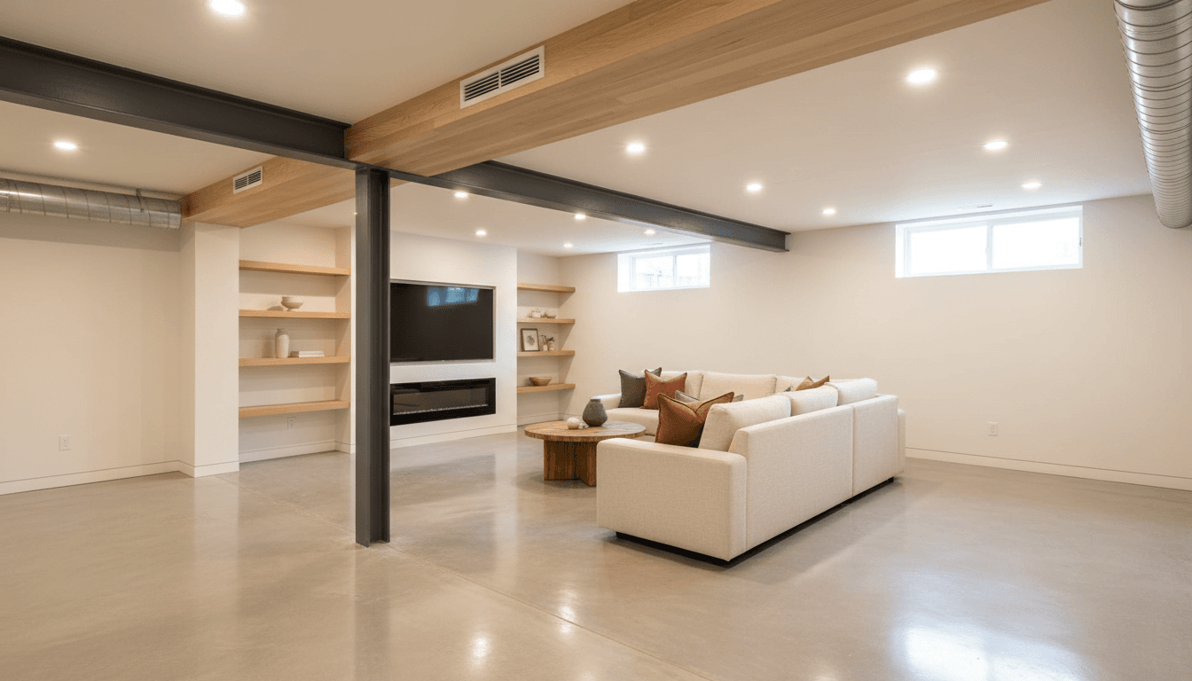 Basement finishing project with painted walls and new flooring