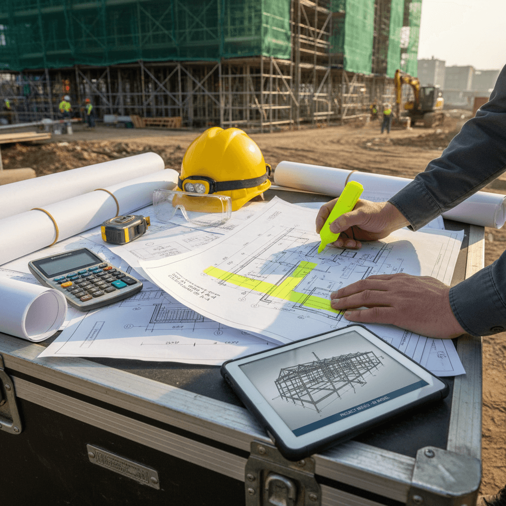 Contractor reviewing blueprints on site
