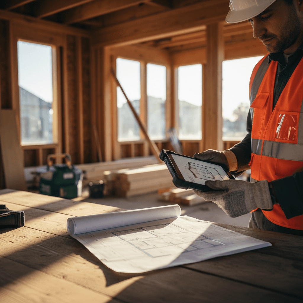 Professional contractor reviewing blueprints
