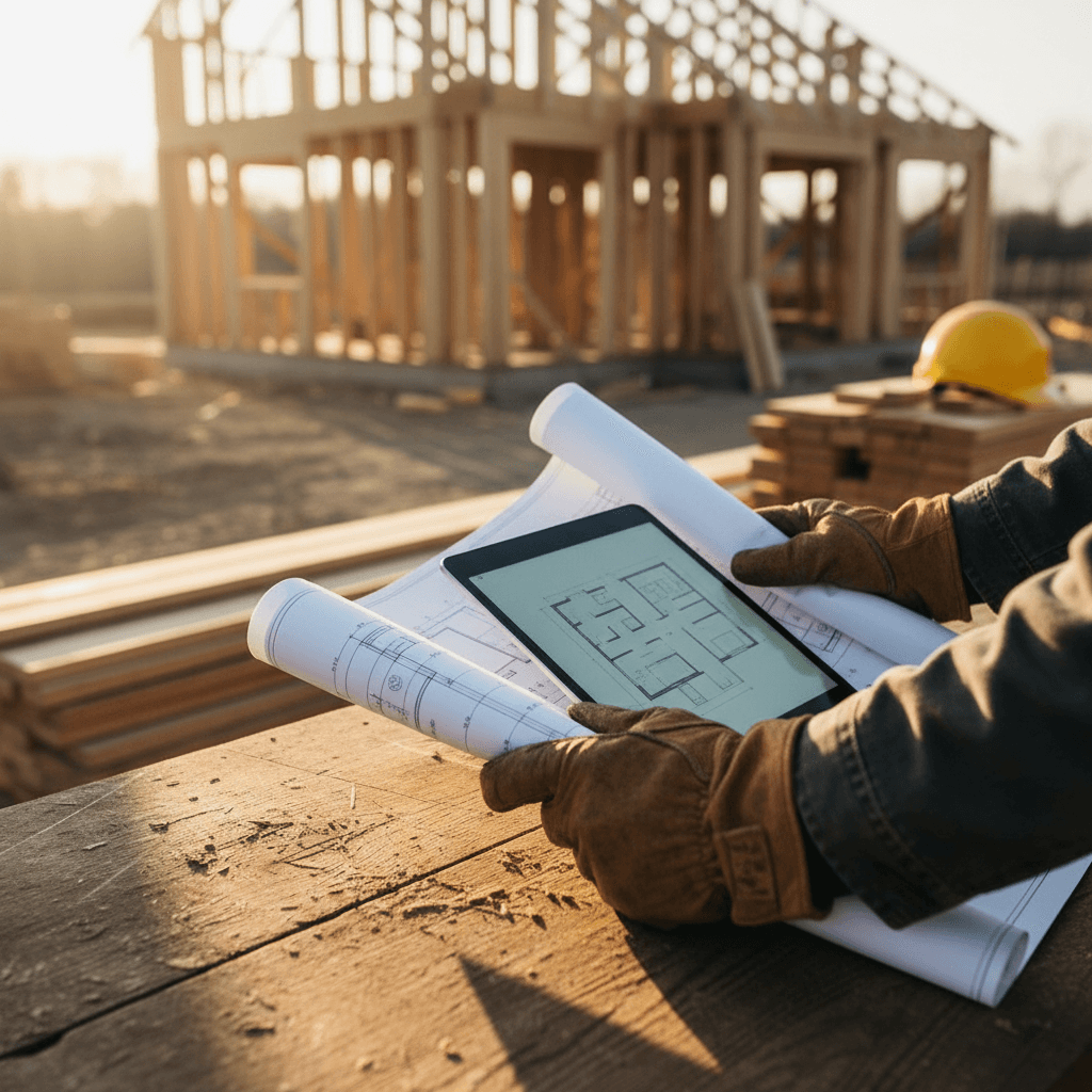 General contractor and client reviewing blueprints on construction site with natural lighting